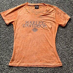 Harley Davidson Orange Rhinestone Tee Womens Medium Sheer Bikercore Country Top